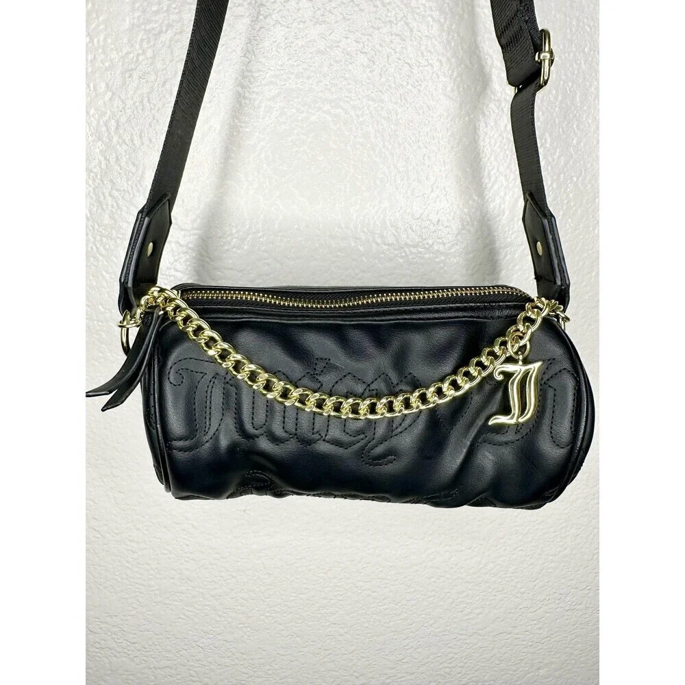 Juicy Couture Crossbody Bag Womens Small Black Faux Leather Chain Logo Barrel